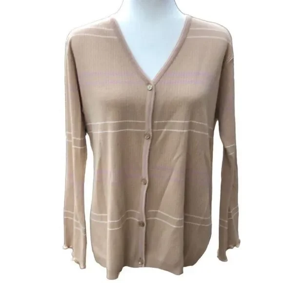 Punto Cardigan Womens Large Tan White Purple Stripe Crew Neck Knit Sweater - Picture 1 of 8